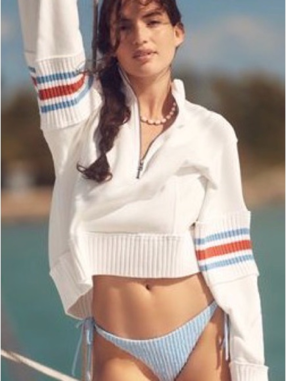 Cream Half-Zip Knit Sweater with Red & Blue Stripe Detail